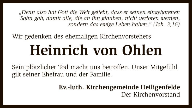  Traueranzeige für Heinrich von Ohlen vom 02.04.2016 aus SYK