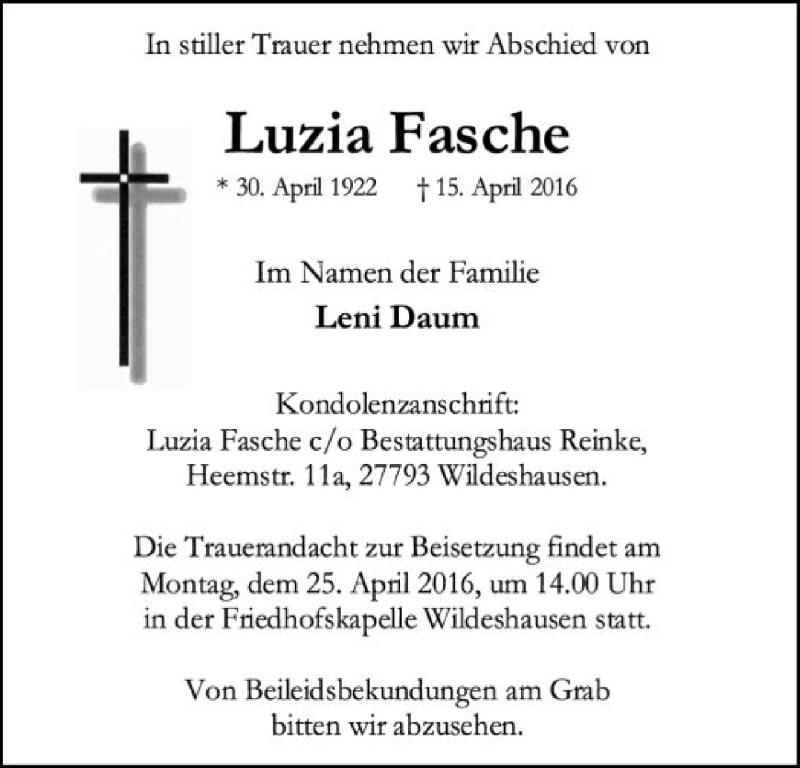  Traueranzeige für Luzia Fasche vom 21.04.2016 aus SYK