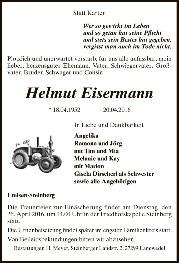  Traueranzeige für Helmut Eisermann vom 22.04.2016 aus SYK