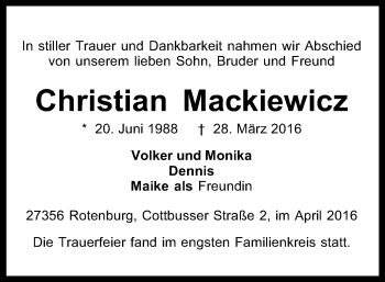 Traueranzeige von Christian Mackiewicz von SYK