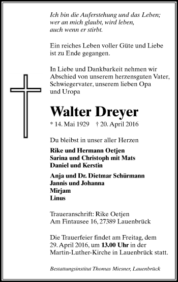 Traueranzeige von Walter Dreyer von SYK