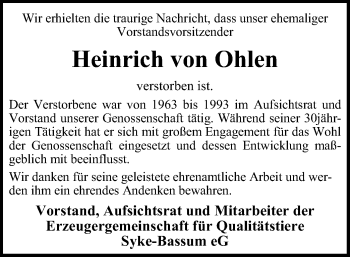 Traueranzeige von Heinrich von Ohlen