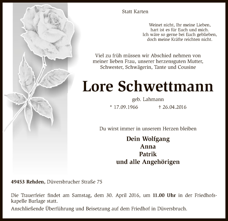  Traueranzeige für Lore Schwettmann vom 28.04.2016 aus SYK