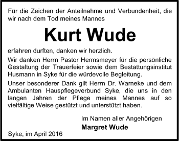 Traueranzeige von Kurt Wude