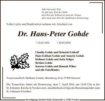 Traueranzeige von Hans-Peter Gohde von SYK