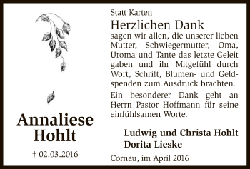 Traueranzeige von Annaliese Hohlt von SYK