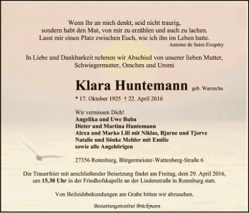 Traueranzeige von Klara Huntemann von SYK