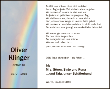 Traueranzeige von Oliver Klinger von SYK