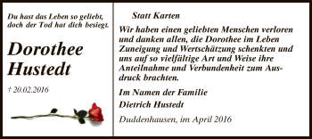 Traueranzeige von Dorothee Hustedt von SYK