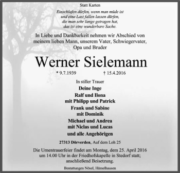 Traueranzeige von Werner Sielemann von SYK