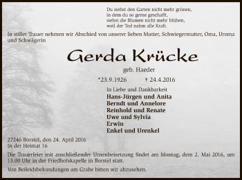 Traueranzeige von Gerda Krücke von SYK