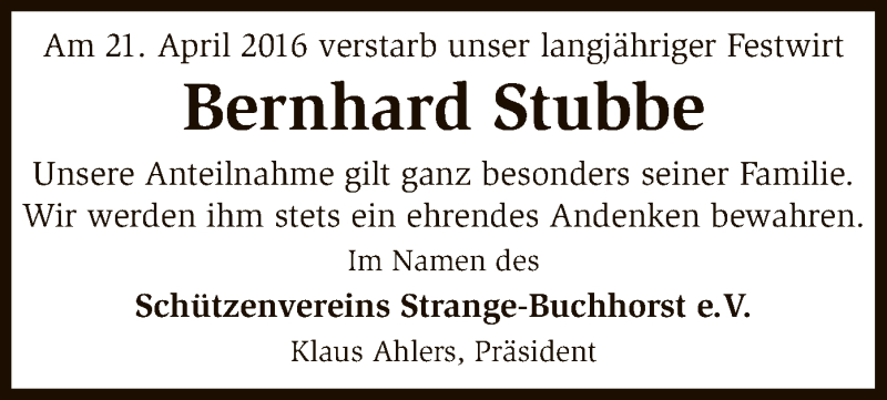  Traueranzeige für Bernhard Stubbe vom 26.04.2016 aus SYK