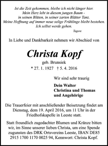 Traueranzeige von Christa Kopf von SYK