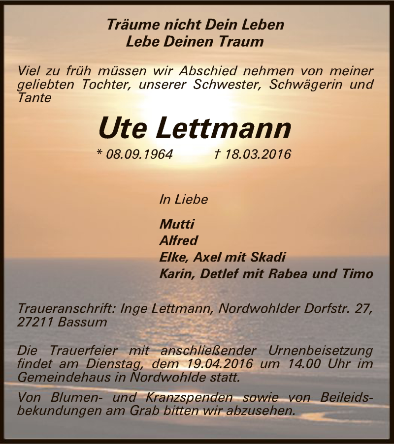  Traueranzeige für Ute Lettmann vom 14.04.2016 aus SYK