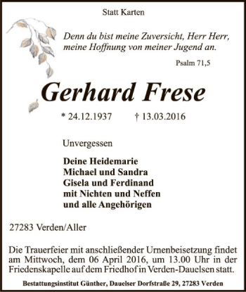 Traueranzeige von Gerhard Frese von SYK