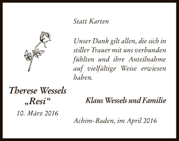 Traueranzeige von Therese Wessels von SYK