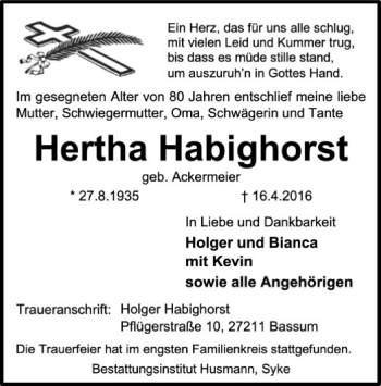 Traueranzeige von Hertha Habighorst