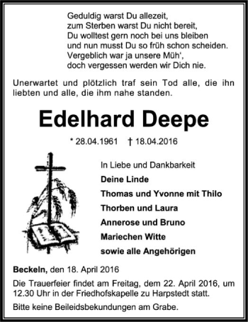 Traueranzeige von Edelhard Deepe von SYK