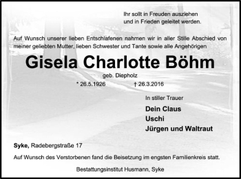 Traueranzeige von Gisela Charlotte Böhm