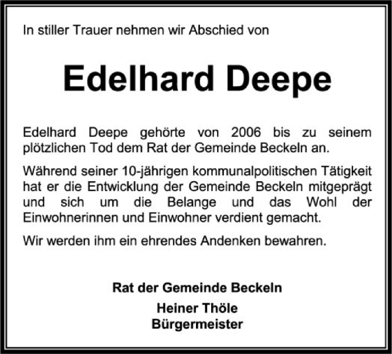  Traueranzeige für Edelhard Deepe vom 20.04.2016 aus SYK