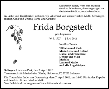 Traueranzeige von Frida Borgstedt von SYK