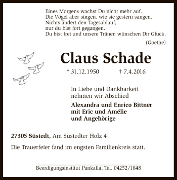 Traueranzeige von Claus Schade von SYK