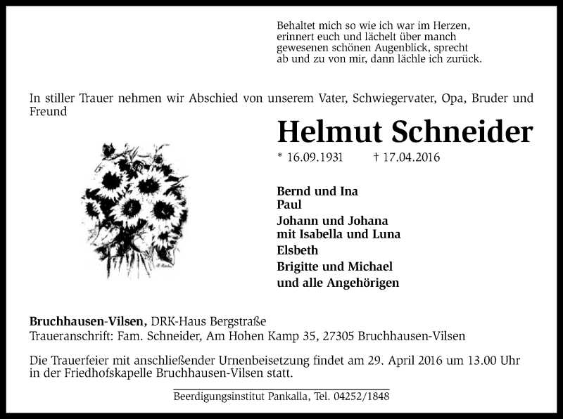  Traueranzeige für Helmut Schneider vom 22.04.2016 aus SYK