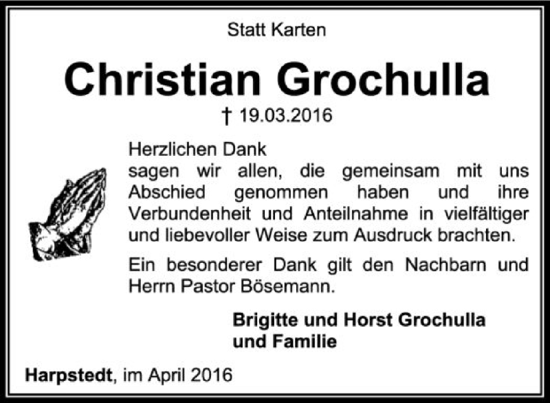 Traueranzeige für Christian Grochulla vom 23.04.2016 aus SYK