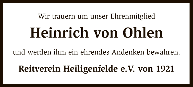  Traueranzeige für Heinrich von Ohlen vom 02.04.2016 aus SYK