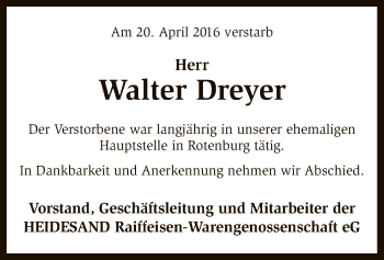 Traueranzeige von Walter Dreyer von SYK