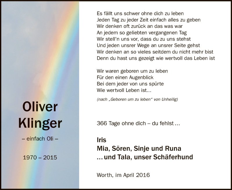  Traueranzeige für Oliver Klinger vom 16.04.2016 aus SYK