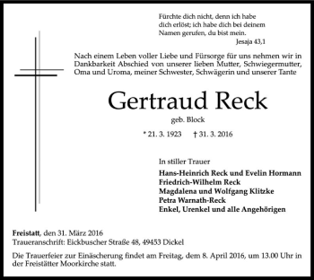 Traueranzeige von Gertraud Reck von SYK