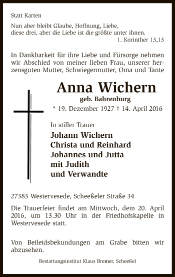 Traueranzeige von Anna Wichern von SYK