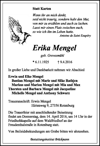 Traueranzeige von Erika Mengel von SYK