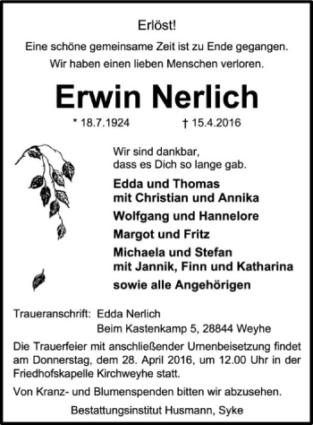 Traueranzeige von Erwin Nerlich