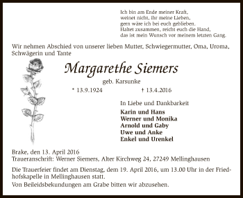 Traueranzeige von Margarethe Siemers von SYK