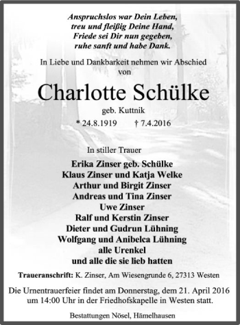 Traueranzeige von Charlotte Schülke von SYK