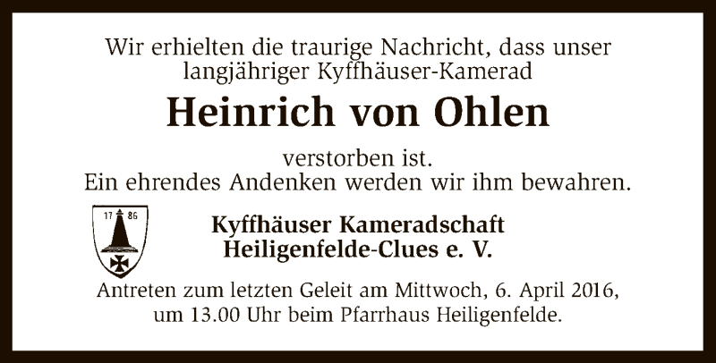  Traueranzeige für Heinrich von Ohlen vom 02.04.2016 aus SYK