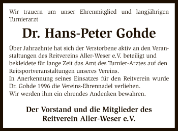 Traueranzeige von Hans-Peter Gohde von SYK