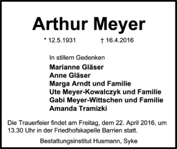 Traueranzeige von Arthur Meyer