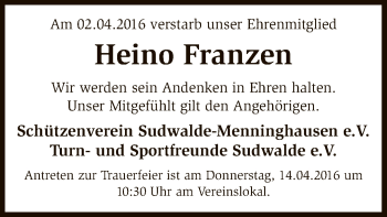 Traueranzeige von Heino Franzen von SYK