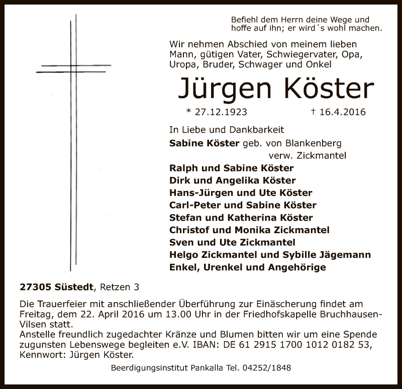  Traueranzeige für Jürgen Köster vom 19.04.2016 aus SYK