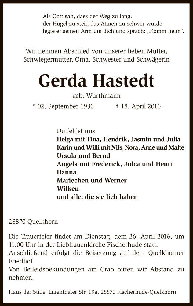  Traueranzeige für Gerda Hastedt vom 21.04.2016 aus SYK