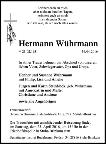 Traueranzeige von Hermann Wührmann von SYK