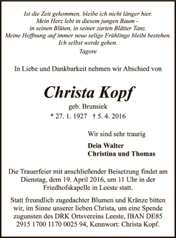 Traueranzeige von Christa Kopf von SYK