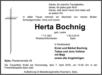 Traueranzeige von Herta Bochnig