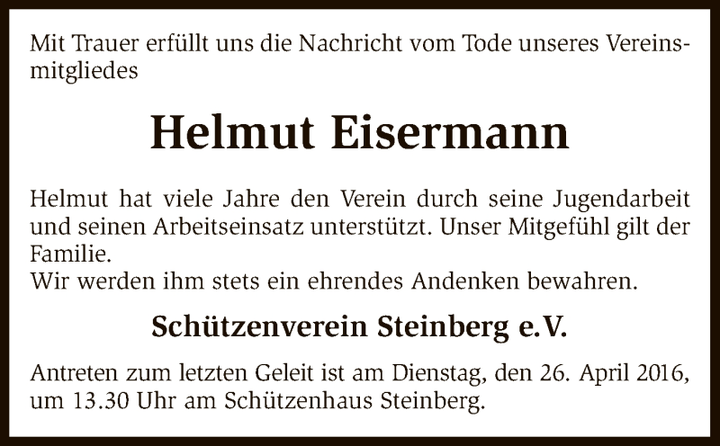  Traueranzeige für Helmut Eisermann vom 22.04.2016 aus SYK