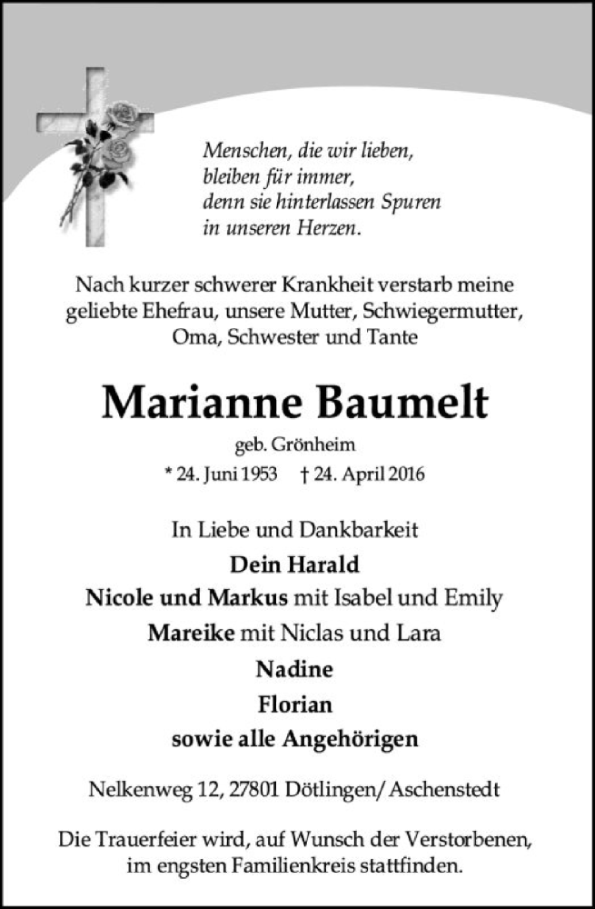  Traueranzeige für Marianne Baumelt vom 27.04.2016 aus SYK