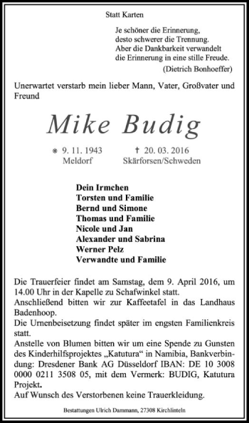 Traueranzeige von Mike Budig von SYK