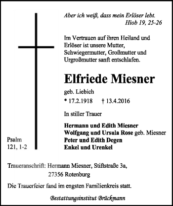 Traueranzeige von Elfriede Miesner von SYK